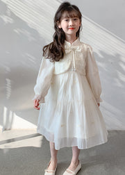 Elegant White Stand Collar Embroideried Kids Chiffon Long Dress Long Sleeve