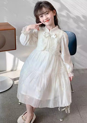 Elegant White Stand Collar Embroideried Kids Chiffon Long Dress Long Sleeve