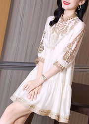 Elegant White Stand Collar Lace Patchwork Silk Maxi Dress Spring