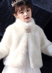 Elegant White Stand Collar Mink Velvet Girls Cloak Spring