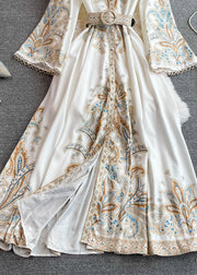 Elegant White Stand Collar Print Wrinkled Long Dresses Puff Sleeve