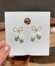 Elegant White Sterling Silver Alloy Bow Shell Stud Earrings