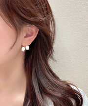 Elegant White Sterling Silver Alloy Bow Shell Stud Earrings