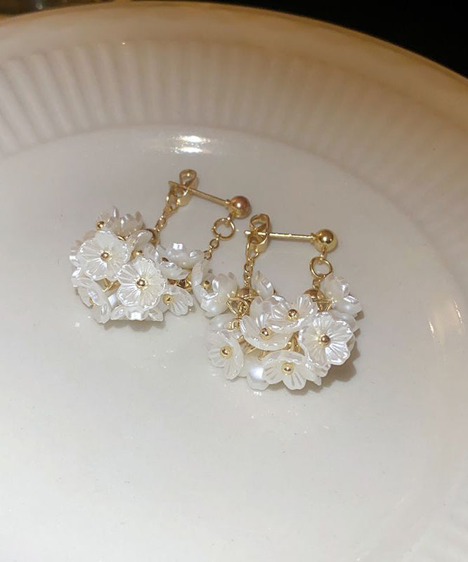 Elegant White Sterling Silver Alloy Floral Tassel Hoop Earrings