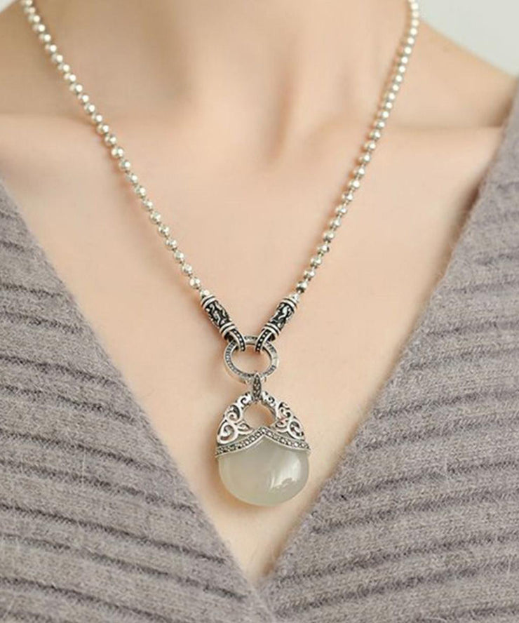 Elegant White Sterling Silver Chalcedony Round Bead Pendant Necklace