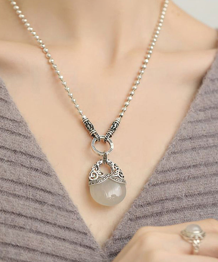 Elegant White Sterling Silver Chalcedony Round Bead Pendant Necklace