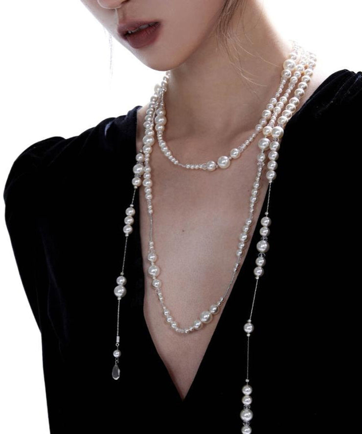 Elegant White Sterling Silver Crystal Pearl Starry Sky Gratuated Bead Necklace