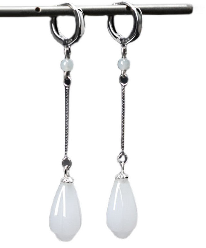 Elegant White Sterling Silver Jade Drip Drop Earrings