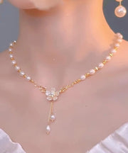 Elegant White Sterling Silver Overgild Floral Tassel Pendant Necklace