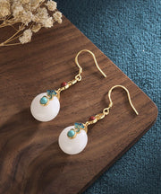 Elegant White Sterling Silver Overgild Inlaid Jade Xiang Yun Drop Earrings