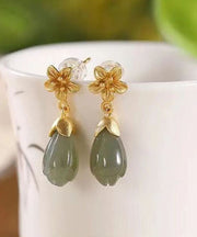 Elegant White Sterling Silver Overgild Jade Orchid Drop Earrings