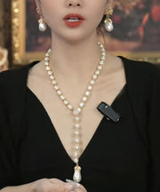 Elegant White Sterling Silver Overgild Pearl Sweater Pendant Necklace