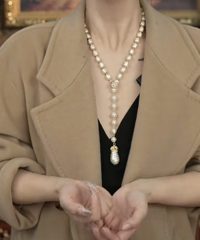 Elegant White Sterling Silver Overgild Pearl Sweater Pendant Necklace