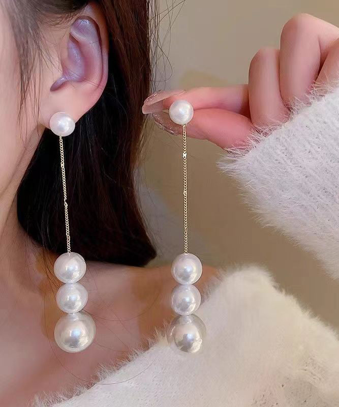Elegant White Sterling Silver Overgild Pearl Tassel Drop Earrings