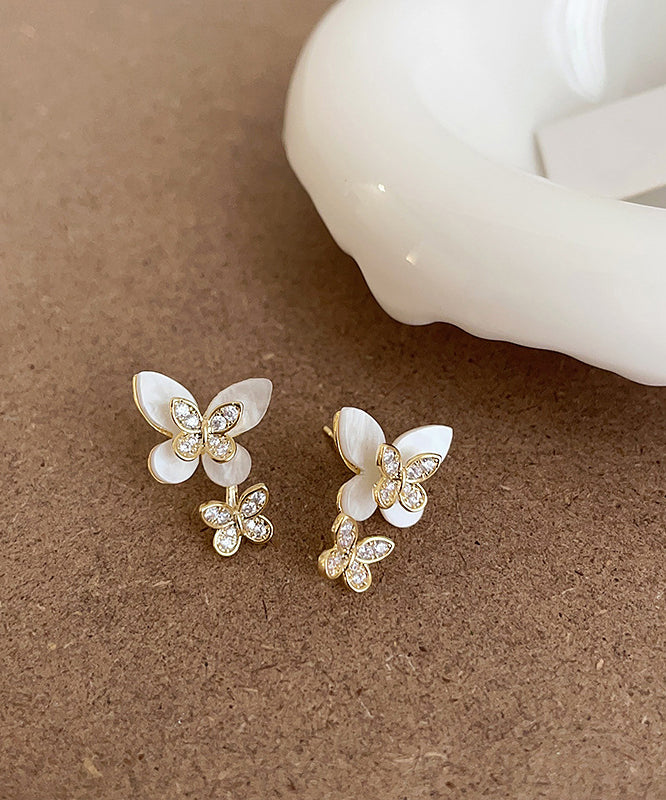 Elegant White Sterling Silver Overgild Zircon Floral Butterfly Stud Earrings