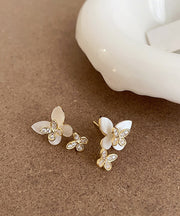 Elegant White Sterling Silver Overgild Zircon Floral Butterfly Stud Earrings