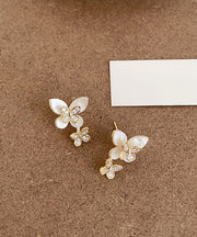 Elegant White Sterling Silver Overgild Zircon Floral Butterfly Stud Earrings