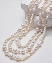 Elegant White Sterling Silver Pearl Sweater Necklace