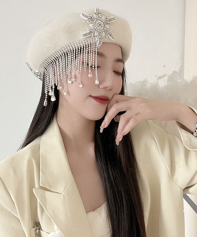 Elegant White Tassel Cashmere Baseball Cap Hat