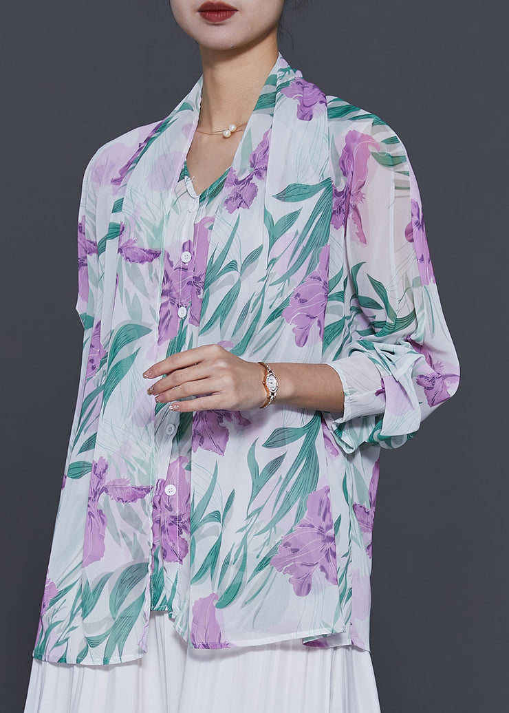 Elegant White Tulip Print Chiffon Fake Two Piece Shirt Spring