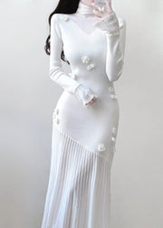 Elegant White Turtleneck Floral Knit Patchwork Long Dresses Spring