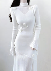 Elegant White Turtleneck Floral Knit Patchwork Long Dresses Spring