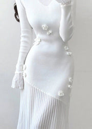 Elegant White Turtleneck Floral Knit Patchwork Long Dresses Spring