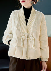 Elegant White V Neck Chinese Button Duck Down Puffers Jackets Winter