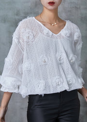 Elegant White V Neck Floral Knit Shirts Spring