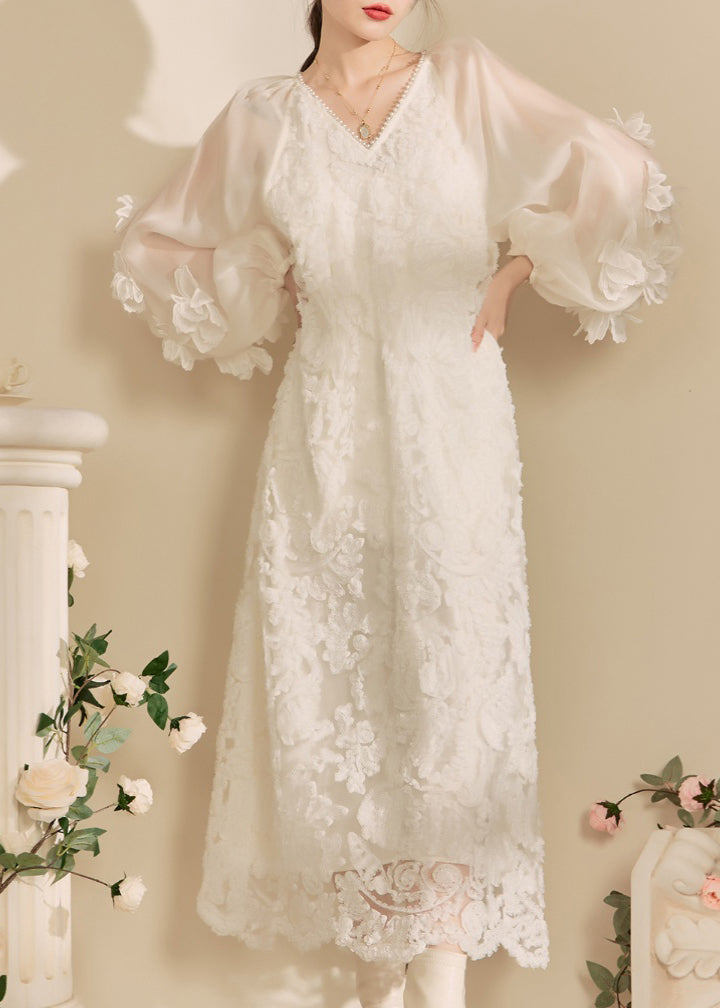 Elegant White V Neck Floral Tulle Maxi Dresses Fall