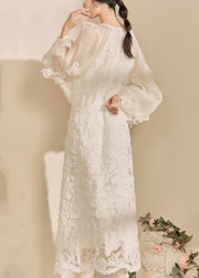 Elegant White V Neck Floral Tulle Maxi Dresses Fall