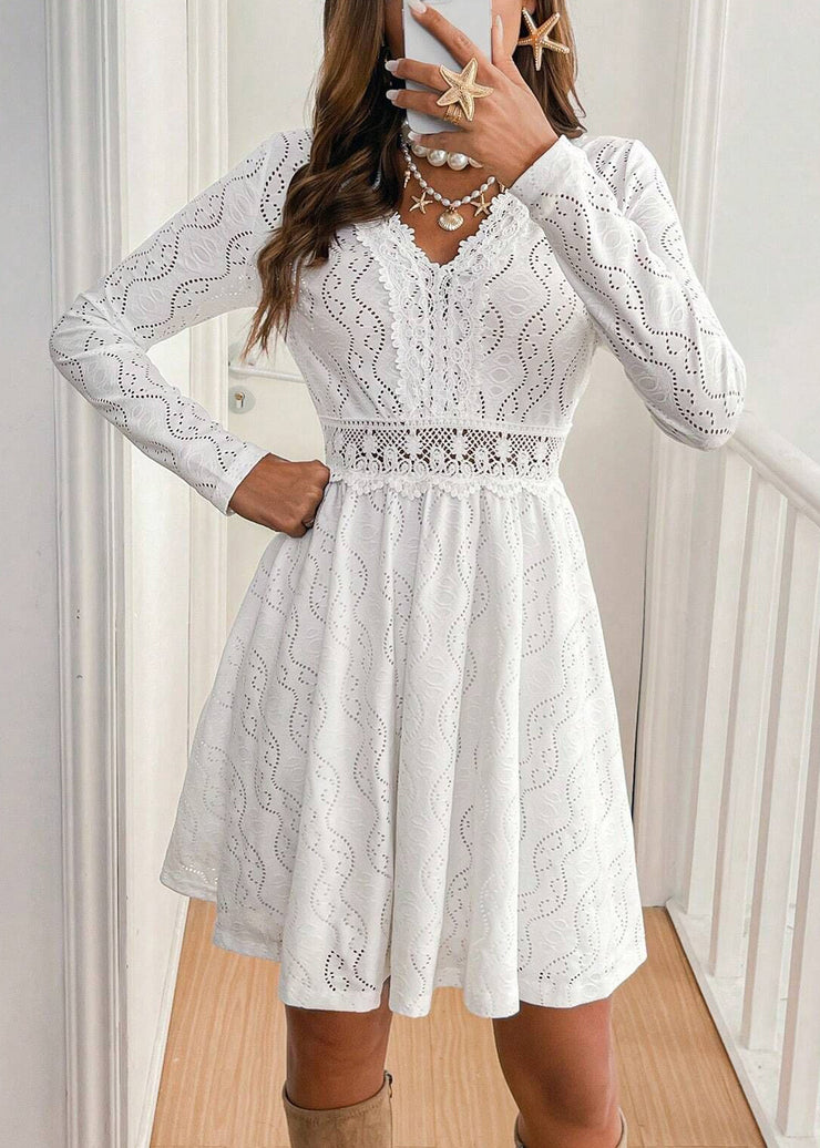 Elegant White V Neck Hollow Out Lace Dress Spring