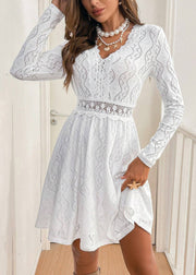 Elegant White V Neck Hollow Out Lace Dress Spring