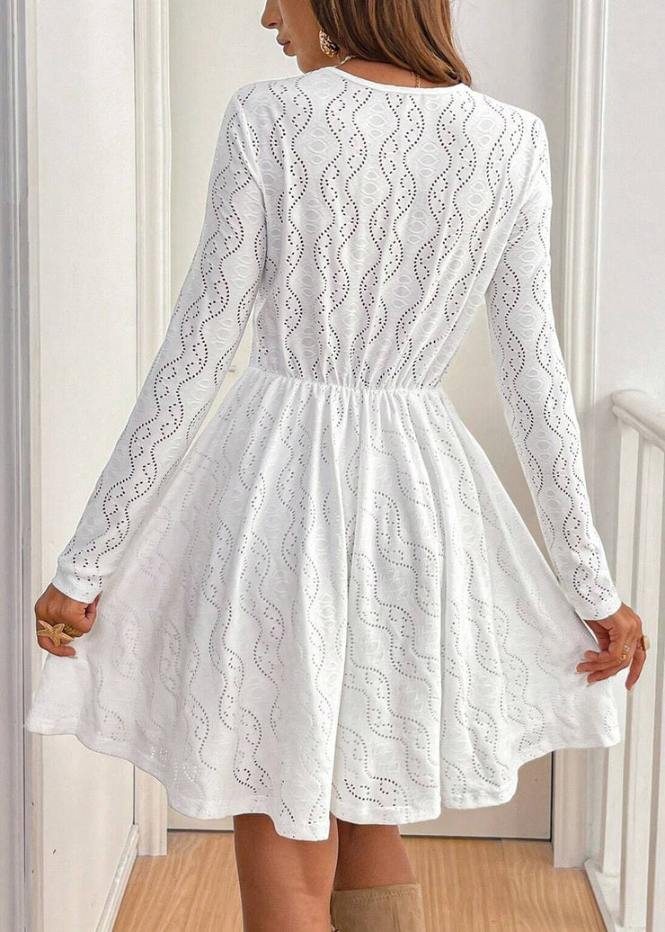 Elegant White V Neck Hollow Out Lace Dress Spring