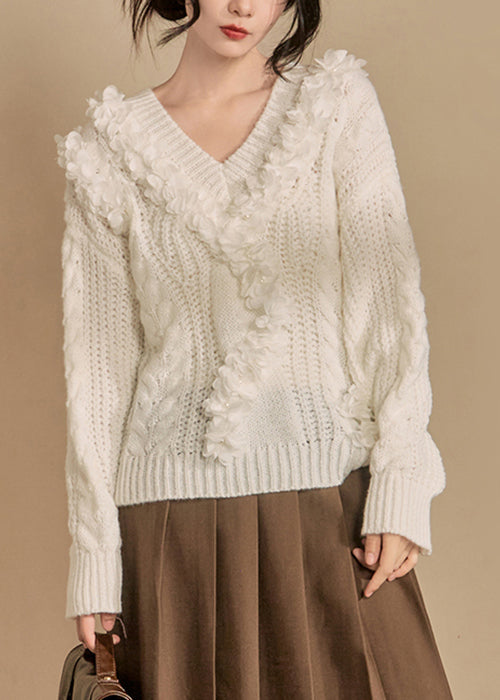 Elegant White V Neck Hollow Out Solid Knit Sweaters Winter