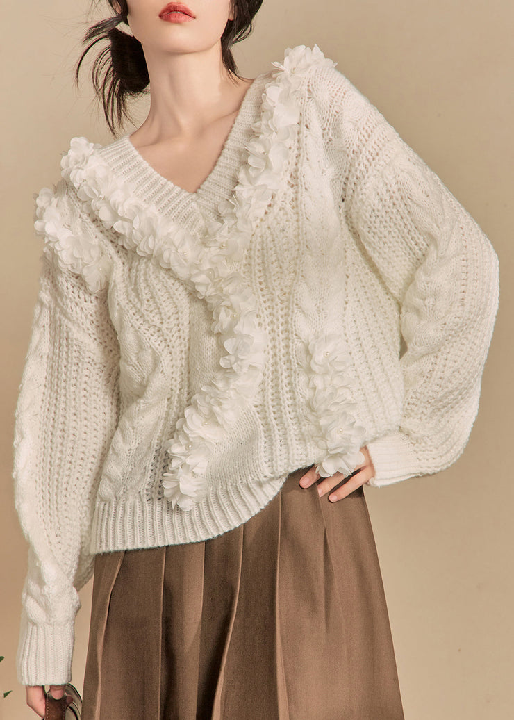 Elegant White V Neck Hollow Out Solid Knit Sweaters Winter