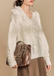 Elegant White V Neck Hollow Out Solid Knit Sweaters Winter