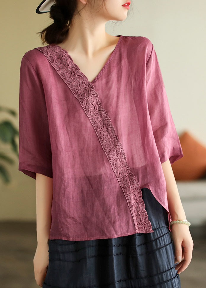 Elegant White V Neck Lace Patchwork T Shirt Short Sleeve