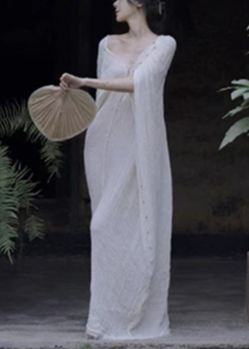 Elegant White V Neck Lace Up Cotton Maxi Dresses Summer
