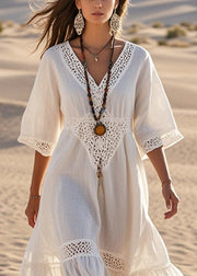 Elegant White V Neck Patchwork Lace Robe Dresses Summer