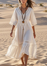 Elegant White V Neck Patchwork Lace Robe Dresses Summer