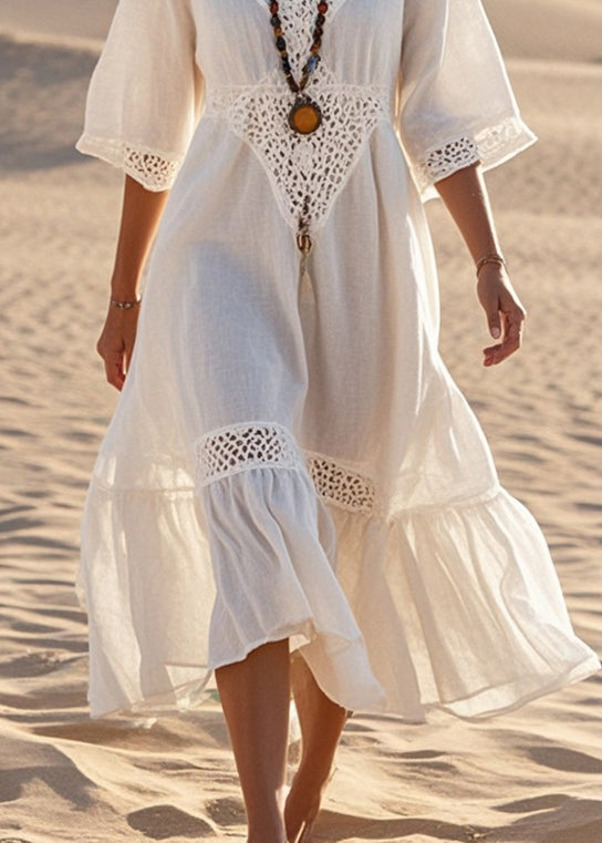 Elegant White V Neck Patchwork Lace Robe Dresses Summer