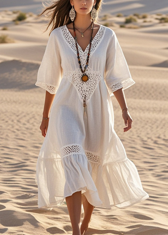 Elegant White V Neck Patchwork Lace Robe Dresses Summer