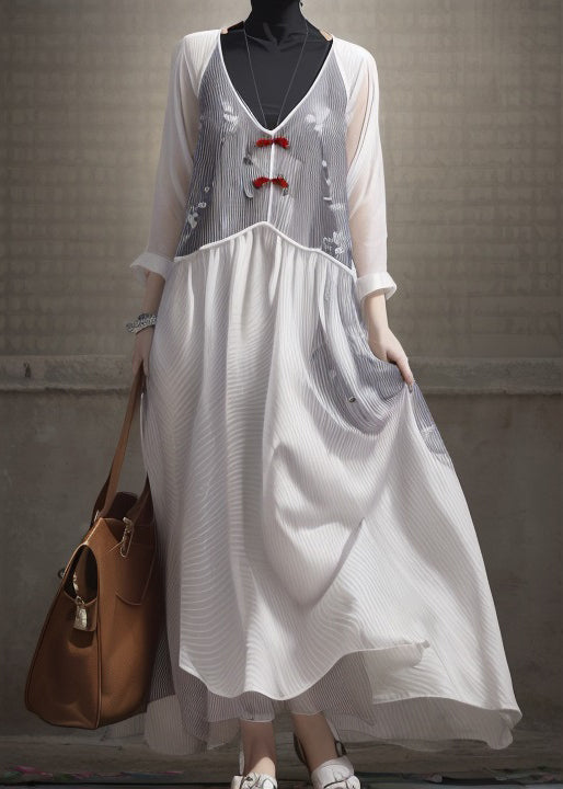 Elegant White V Neck Patchwork Silk Dresses Long Sleeve