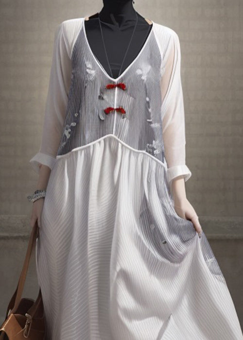 Elegant White V Neck Patchwork Silk Dresses Long Sleeve