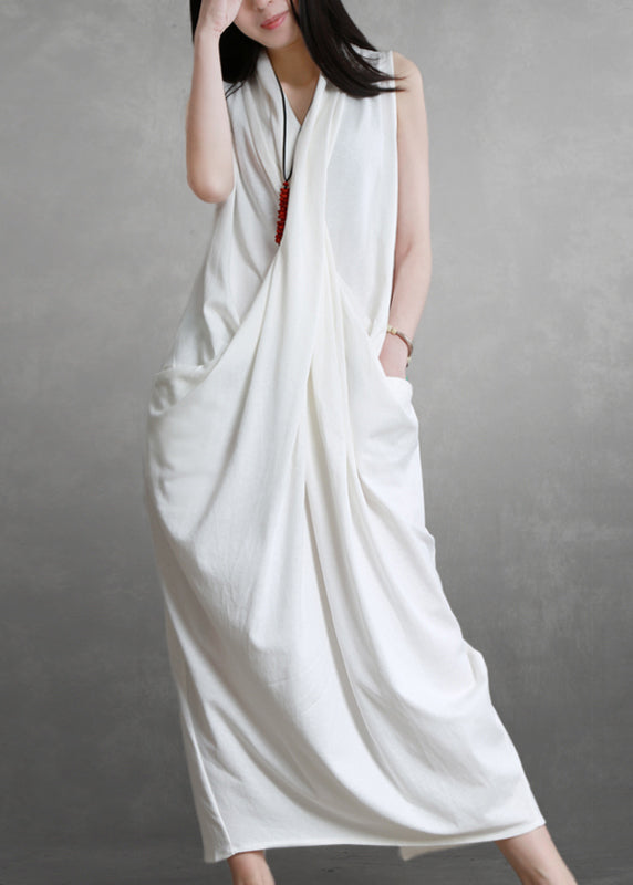 Elegant White V Neck Pockets Cotton Maxi Dresses Sleeveless