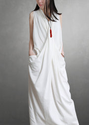 Elegant White V Neck Pockets Cotton Maxi Dresses Sleeveless