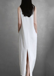 Elegant White V Neck Pockets Cotton Maxi Dresses Sleeveless