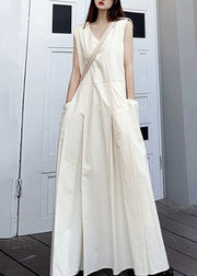 Elegant White V Neck Pockets Patchwork Cotton Maxi Dresses Sleeveless