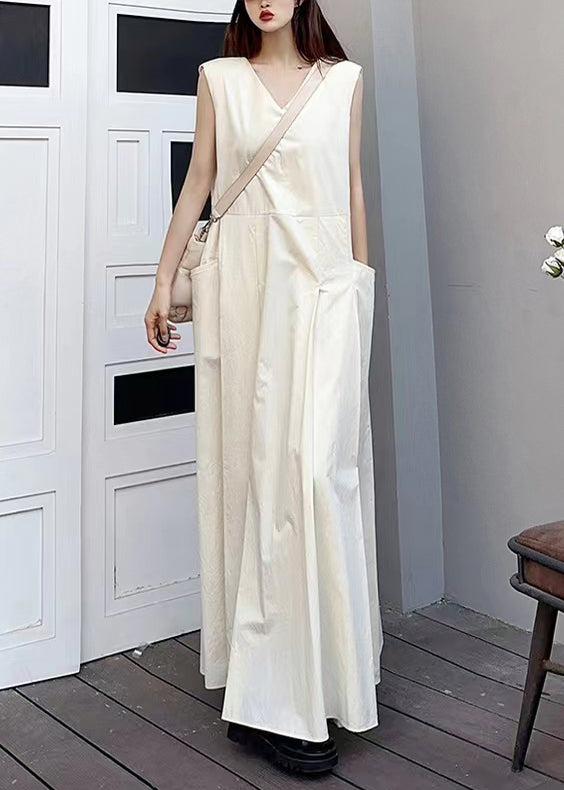 Elegant White V Neck Pockets Patchwork Cotton Maxi Dresses Sleeveless